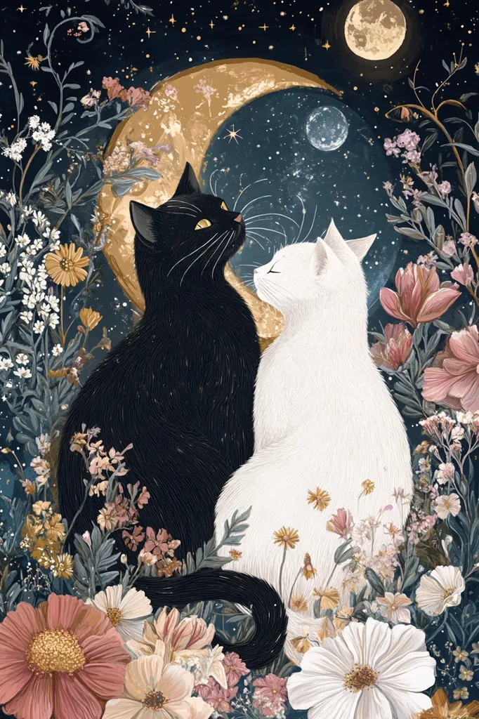 A black cat and a white cat are nestled together in a field of flowers under a crescent moon. The moon is surrounded by stars, and the background is a dark blue with a hint of gold. The cats are facing each other, and their tails are intertwined. The flowers are in various shades of pink, white, and yellow.  The scene is whimsical and romantic, evoking a sense of peace and tranquility.