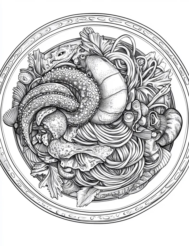 A detailed black and white drawing of a plate of food. It appears to be a dish of noodles with a lobster, a squid, and various vegetables. The food is artfully arranged, and the details are very realistic. The plate has a decorative rim.  The drawing is a realistic depiction of a culinary masterpiece.
