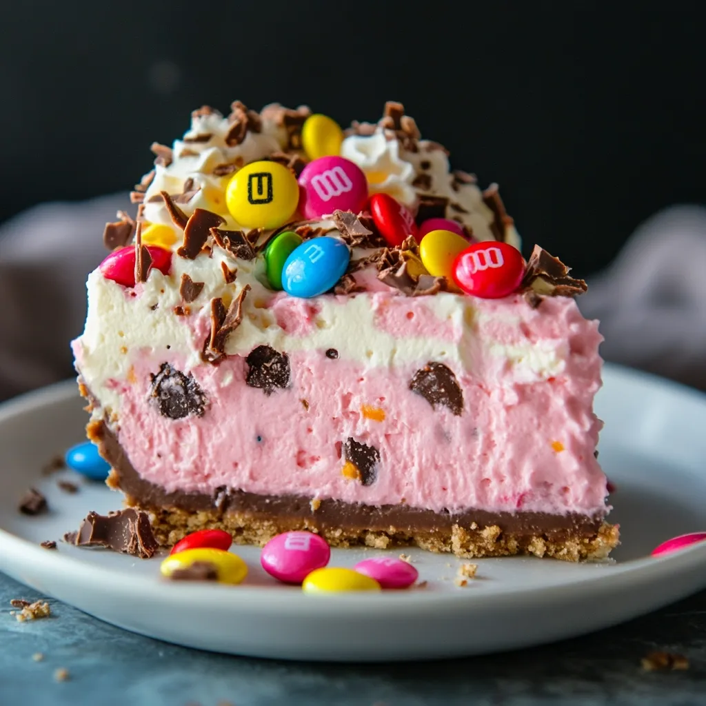 A slice of pink and white layered cheesecake sits on a white plate. The cheesecake is topped with chocolate shavings and colorful M&Ms. The plate is surrounded by scattered M&Ms. The cheesecake looks delicious and decadent.