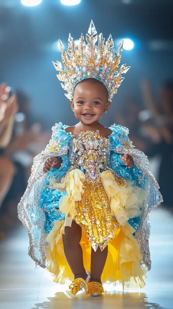 A young girl, adorned in a magnificent blue and yellow gown and a sparkling crown, walks confidently down a runway. Her smile radiates joy and pride as she embraces the spotlight. The intricate details of her outfit and the grandeur of the setting make this a captivating moment of childhood innocence and fashion flair.