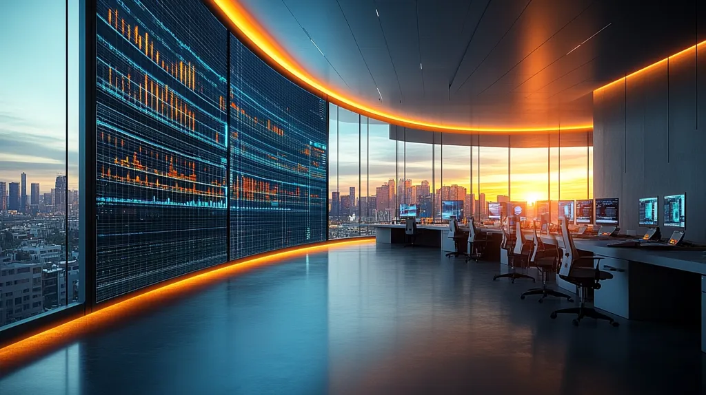 The image shows a futuristic office space with a large curved wall of monitors displaying data visualizations. The room has a panoramic view of a city skyline at sunset. The office has a sleek, modern design with white desks and black ergonomic chairs. The warm lighting creates a comfortable and inviting atmosphere.