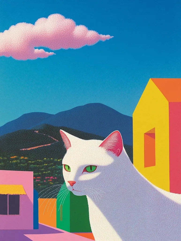 A white cat with green eyes sits in front of a colorful geometric scene. The cat is looking to the left of the image, with its head tilted slightly. The background features a pink cloud in a bright blue sky, a distant blue mountain range, and a small town with a yellow, red, and green building. The scene is painted in a stylized, almost cartoonish style, with bold colors and simple shapes. The cat appears to be the focal point of the image, with its prominent presence and intense gaze drawing the viewer's attention.