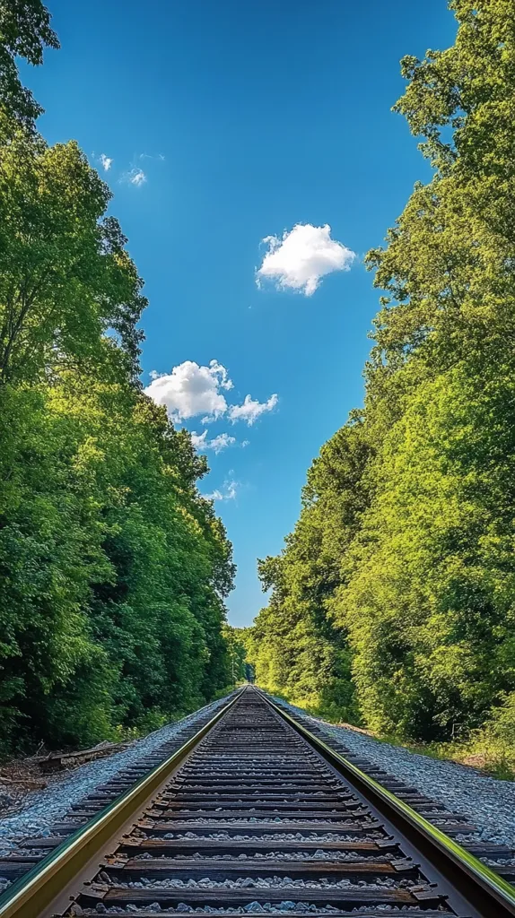 A straight railway track cuts through a dense forest on a sunny day. Lush green trees line both sides of the tracks, creating a tunnel of foliage. The sky is a bright blue, with a few white clouds floating across. The image is a serene portrayal of nature's beauty and the sense of potential that lies ahead.