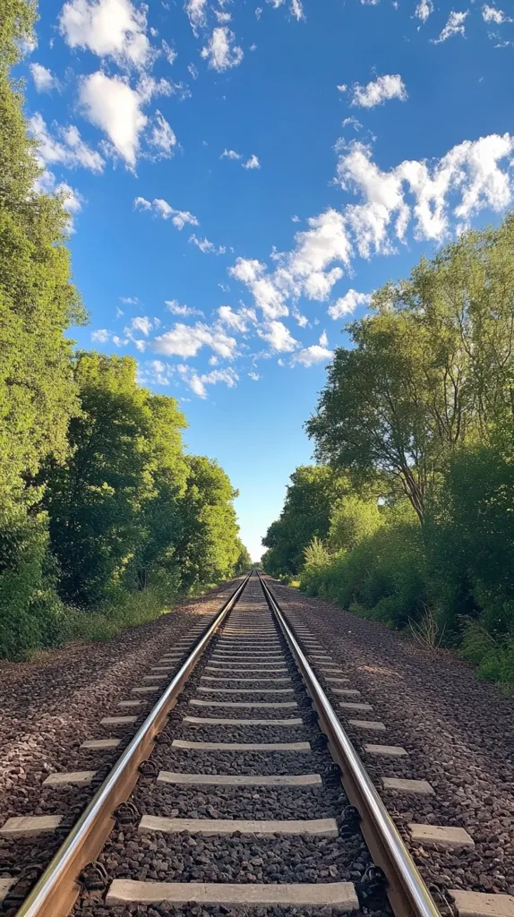 A long stretch of train tracks runs through a lush green forest. The tracks disappear into the distance under a bright blue sky filled with fluffy white clouds. The scene is peaceful and serene, with the tracks leading the eye towards the horizon. The forest borders the tracks on both sides, providing a sense of seclusion and tranquility.  The image evokes a feeling of travel and adventure.