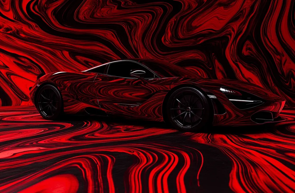 A sleek black sports car is parked on a red and black swirling surface. The car's sharp lines and curves are reflected in the abstract background, creating a sense of movement and energy. The black tires and rims contrast dramatically with the vibrant red and black swirls, making the car stand out. The image is a study in contrasts, with the sleek, modern car juxtaposed against the swirling, abstract background.