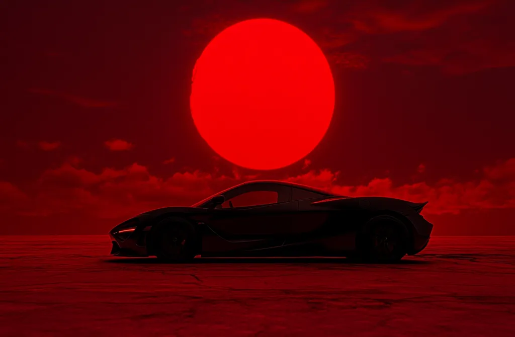 A black sports car sits in the foreground, with a large, red sun setting in the background. The sky is a vibrant red, with fluffy clouds in the distance. The image creates a dramatic and captivating scene, highlighting the car's sleek design and powerful presence. The red color scheme adds a sense of intensity and urgency to the scene.  The setting sun casts a warm glow over the landscape.  The image has an eerie, almost otherworldly quality.