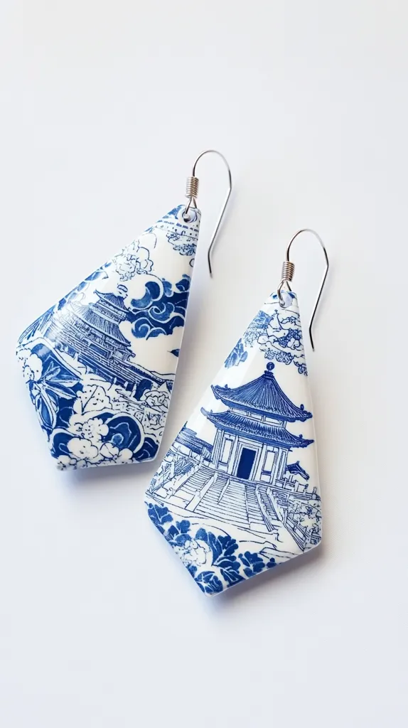 The image shows a pair of earrings. They are made of white ceramic with a blue and white pattern. The pattern is of a Chinese temple, and the earrings are shaped like diamonds. The earrings are hanging from silver hooks. They are elegant and delicate.