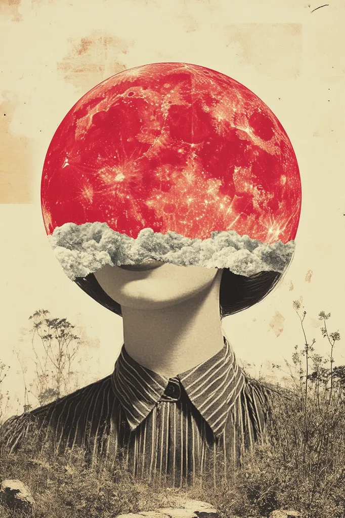 A surreal and abstract collage features a person with a red, celestial object covering their head. The object resembles a moon or planet with a textured surface and glowing highlights. The person's face is hidden, but their chin and neck are visible, and they are wearing a striped shirt. The background is a blurred landscape with a vintage, textured effect. The image evokes a sense of mystery and wonder, suggesting a connection between the human world and the cosmos.