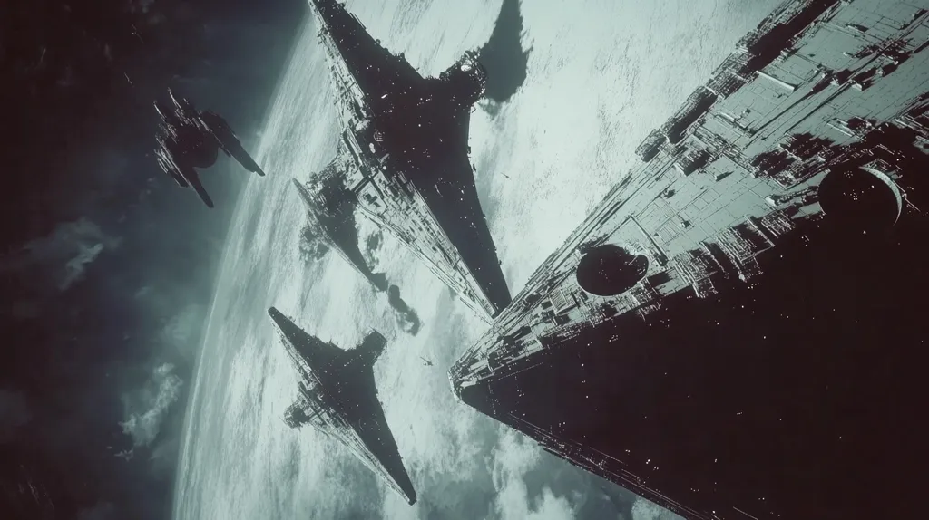 The image depicts a scene from a space battle, featuring a large number of starfighters and a planet in the distance. Three large starships are in the foreground, with the largest taking up most of the frame. They are all heavily damaged, with smoke and fire billowing from their engines and hulls. The scene is chaotic and intense, with the starfighters firing their weapons and the starships maneuvering to avoid each other's fire. The scene suggests the fierce intensity of a galactic war.