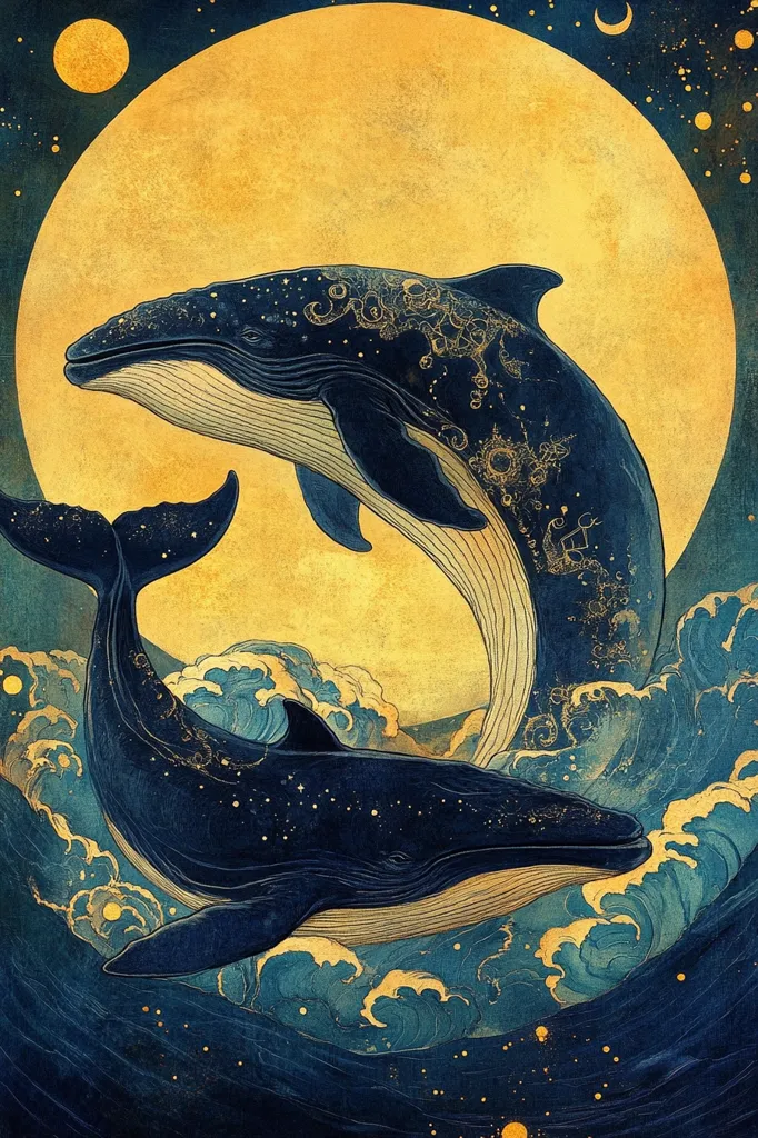 Two whales, one larger than the other, are leaping out of the ocean beneath a large, golden moon. The sky is a deep blue, and the waves are crashing around them. The whales are covered in intricate patterns that resemble constellations. The image is a beautiful and fantastical depiction of the power and grace of these magnificent creatures.