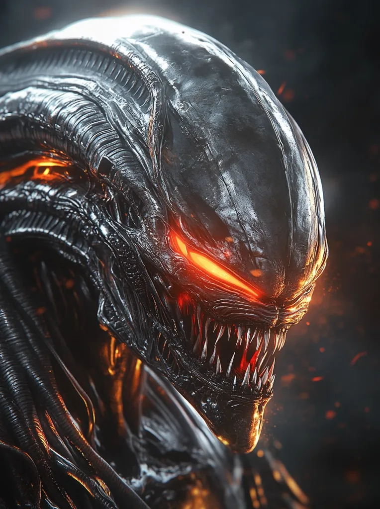 The image is a close-up of a dark, alien-like creature with glowing red eyes and sharp, pointed teeth. The creature's skin is textured and appears to be made of metal, with intricate patterns and lines running across its surface. The background is a blur of dark colors with hints of fire or light, adding a sense of danger and intensity. The creature's expression is menacing, with its mouth open wide and its eyes glowing fiercely.  The overall atmosphere of the image is dark and ominous, suggesting a creature that is both powerful and dangerous.