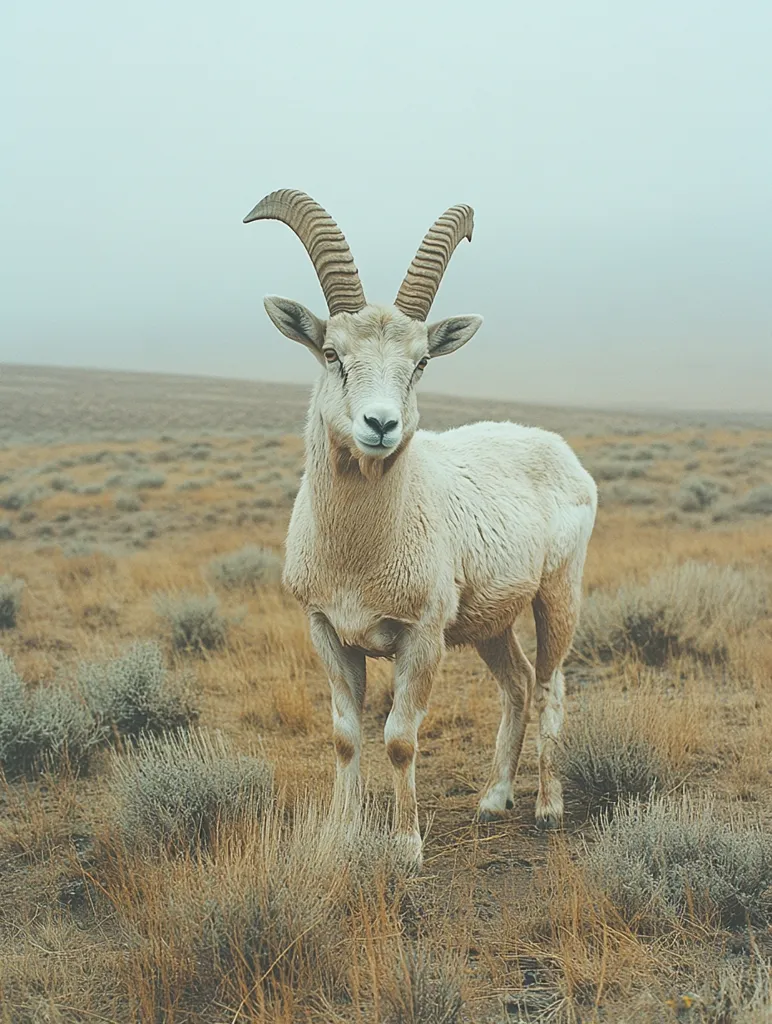 A white bighorn sheep with long, curled horns stands in a field of dry, brown grass. The sheep is facing the camera with its head held high. The background is a hazy, grey sky. The sheep's fur appears soft and fluffy. It is standing with its legs spread apart, ready to move. The image captures the animal's wildness and resilience in a harsh environment.