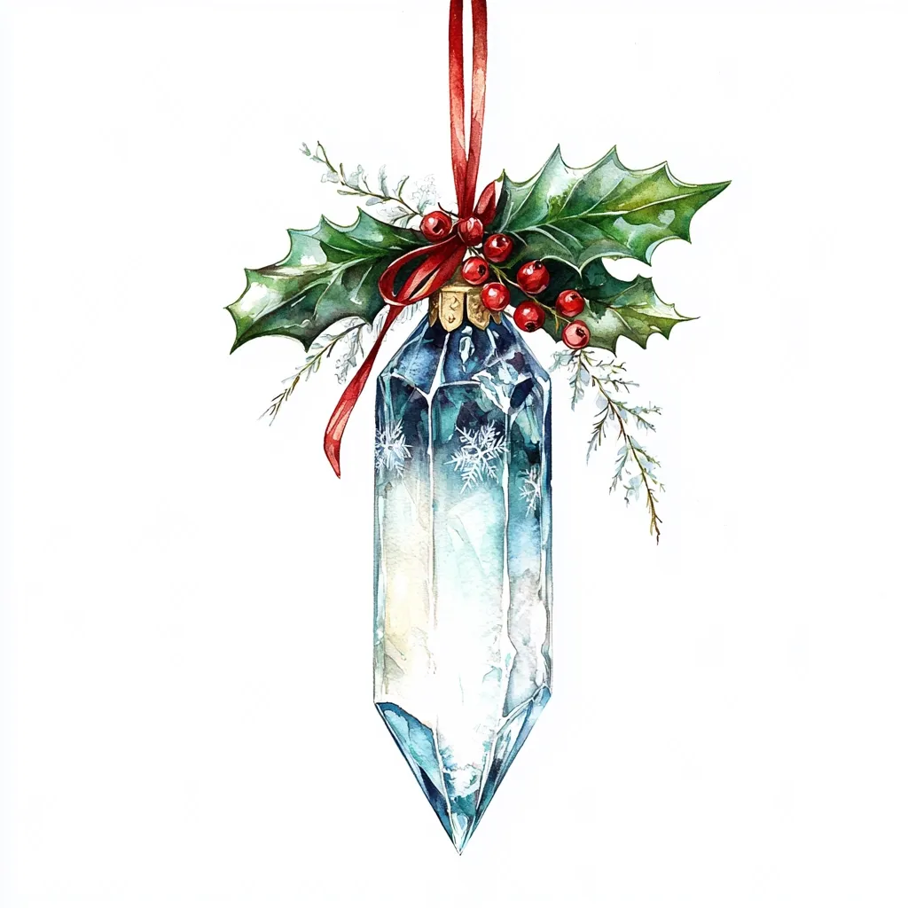 A watercolor painting of a blue crystal Christmas ornament. The ornament is adorned with red berries and holly leaves, with a red ribbon tied around the top. The ornament has a white background and appears to have snowflakes on the inside. The painting has a soft and delicate quality, with a focus on detail.