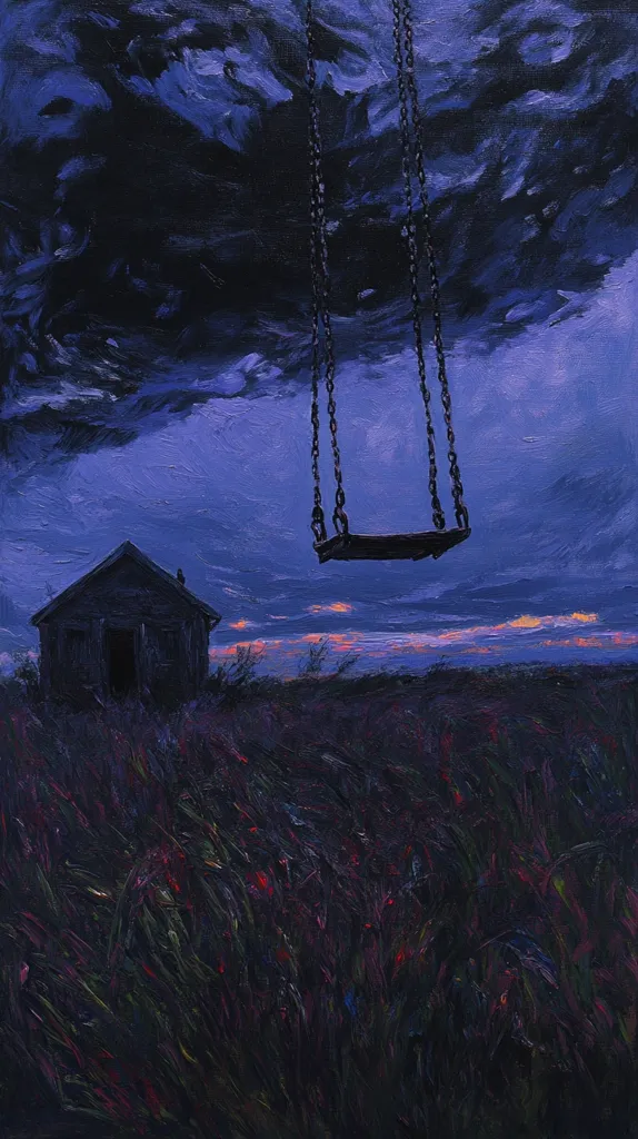 A lonely swing hangs from a tree in a field. It's a gloomy evening with dark clouds and a small wooden house in the distance. The setting sun casts a faint glow on the horizon. The field is covered in tall grass and wildflowers. The painting evokes a sense of solitude and melancholy.