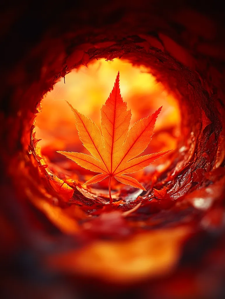 A single, vibrant orange maple leaf is framed by a warm, red background, creating a circular window. The leaf appears to be floating in the center, surrounded by blurred edges of autumnal foliage. The image evokes feelings of warmth, transition, and the beauty of nature's changing seasons.