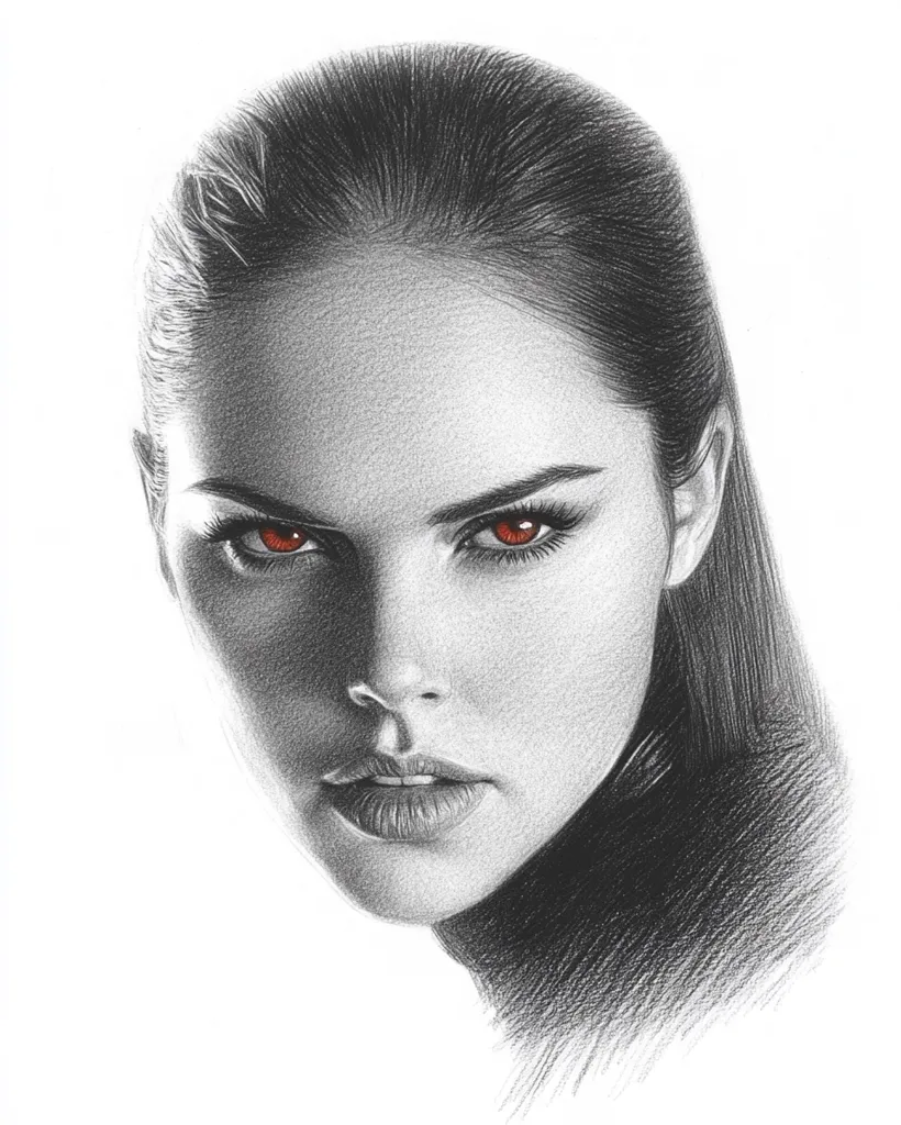 The image is a pencil drawing of a woman's face. She has dark hair, and her face is drawn in grayscale with the exception of her eyes, which are a bright red. She has a serious expression, with her lips slightly parted and her eyes narrowed. The drawing is highly detailed, capturing the texture of her skin and hair.  The contrast between her dark hair and pale skin emphasizes the intensity of her red eyes.  The focus of the drawing is on the woman's intense gaze.