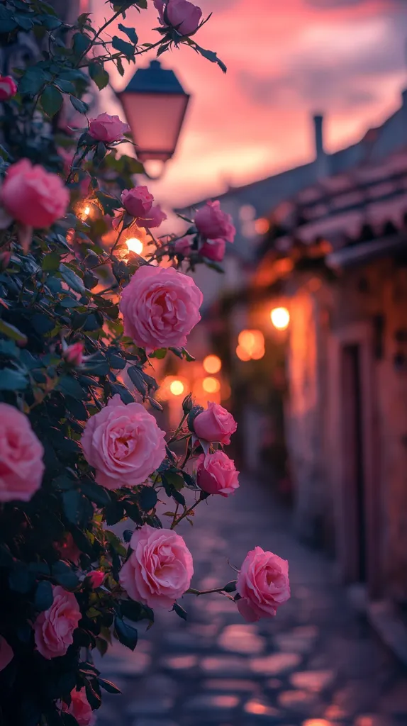 A bush of pink roses blooms against a backdrop of a cobblestone street and a building with a lantern. The soft light of the setting sun bathes the scene in warm tones, creating a romantic atmosphere. The roses are in full bloom, their petals unfurling gracefully. The street is empty, suggesting a peaceful and serene moment.