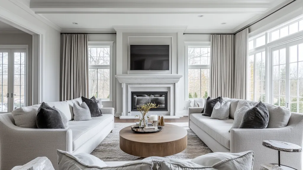 A spacious living room with large windows, white walls, and a white fireplace. Two white sofas with pillows are facing each other, separated by a coffee table with flowers. There are floor-to-ceiling curtains and a flat-screen TV on the wall.  The room has a modern and luxurious feel.