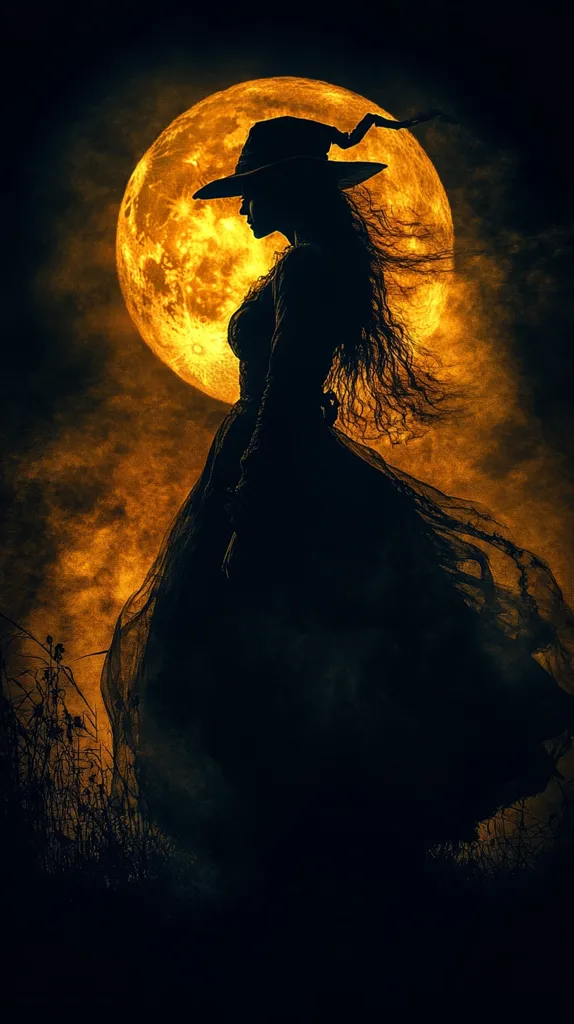 A mysterious woman, dressed in a long black gown and a pointed witch's hat, stands silhouetted against a large, full moon. Her long hair flows behind her, and her gaze is fixed on something beyond the frame. The moon is a vibrant orange, casting a warm glow on the surrounding darkness.  The image evokes a sense of magic and mystery.
