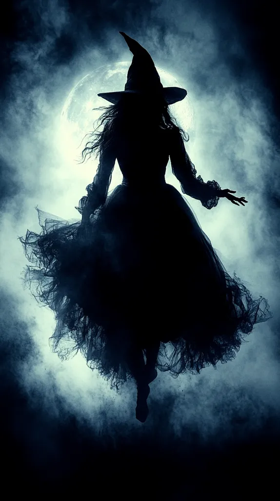 The image is a silhouette of a witch flying in front of a full moon. She is wearing a long black dress and a pointed hat. Her long hair is flowing behind her as she flies through the air. The background is a dark, stormy sky with clouds. The scene is dark and mysterious, and evokes a sense of magic and wonder.