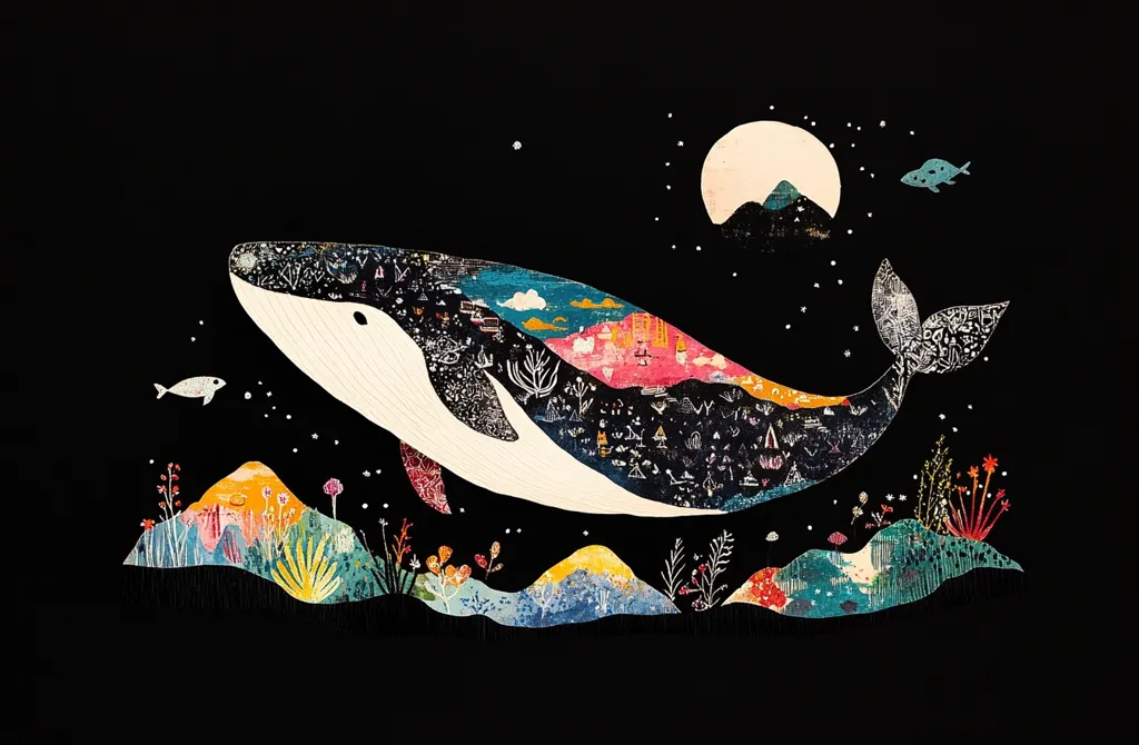 A colorful whale with a patterned body swims through a dark, starry night. Its tail fin is in the air, and it appears to be leaping out of the water. Below the whale, there are small, vibrant underwater plants and a full moon.