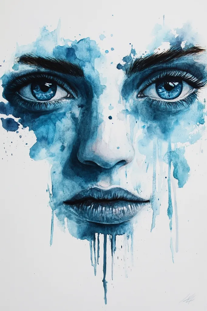 The image is a watercolor painting of a woman's face. The woman has large, expressive blue eyes, a slightly parted mouth, and a hint of a melancholy expression. The watercolor is predominantly blue, with some splashes of white, giving the painting a dreamy and ethereal feel. The drips of paint running down the face create a sense of movement and emotion.  The background is white, highlighting the woman's features and allowing the colors of the painting to stand out. The painting is a beautiful and evocative portrayal of a woman's inner world.