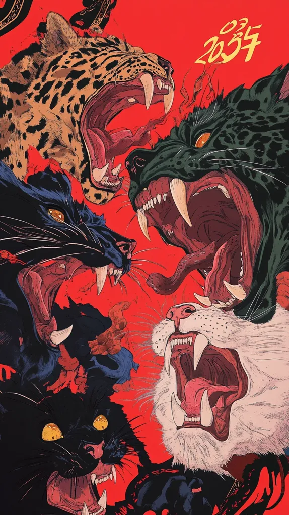 The image depicts four snarling animals against a red background.  A leopard with spots, a large black cat with a long tongue, and a white cat with a red tongue are all showing their teeth in a threatening way. The leopard's face fills the top of the image and the other animals are arranged around it.  The year "2037" appears in the top right corner.  The image is likely a representation of aggression and power.