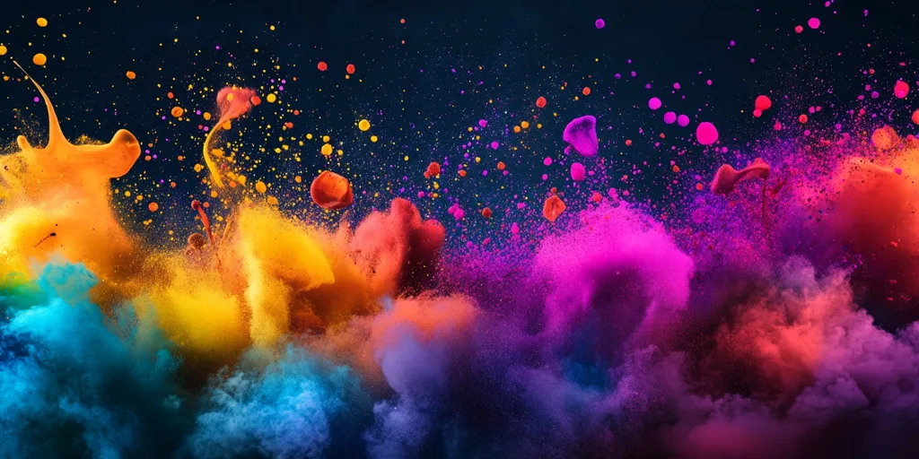 A vibrant and colorful explosion of paint,  with splashes of yellow, red, pink and blue against a dark blue background. The paint is spread out in a cloud-like form, creating a dynamic and abstract image.  The image is full of energy and movement.