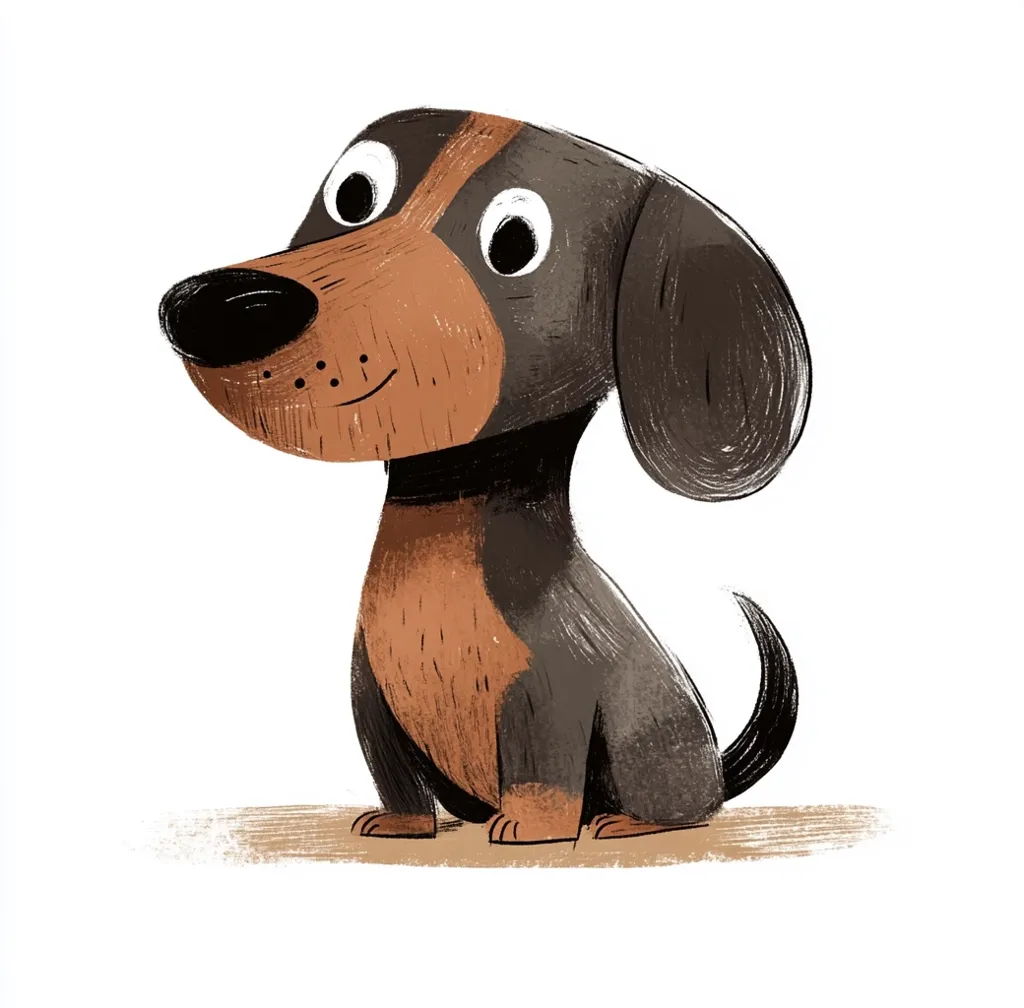 The image is a cartoon illustration of a brown and black dachshund sitting on its hind legs, looking up and to the left. The dog has big, round eyes and a slightly curved tail.  The illustration is drawn in a soft, fuzzy style, and it has a friendly and playful feel.  The background is a simple, white, with a subtle tan ground beneath the dog.