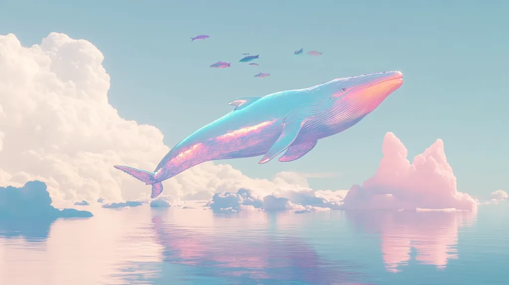 A large, iridescent whale leaps through a pastel sky above a calm ocean, its tail splashing into the water.  Small fish swim behind it, while fluffy, pink clouds dot the horizon. The image has a dreamlike quality, evoking feelings of serenity and wonder.