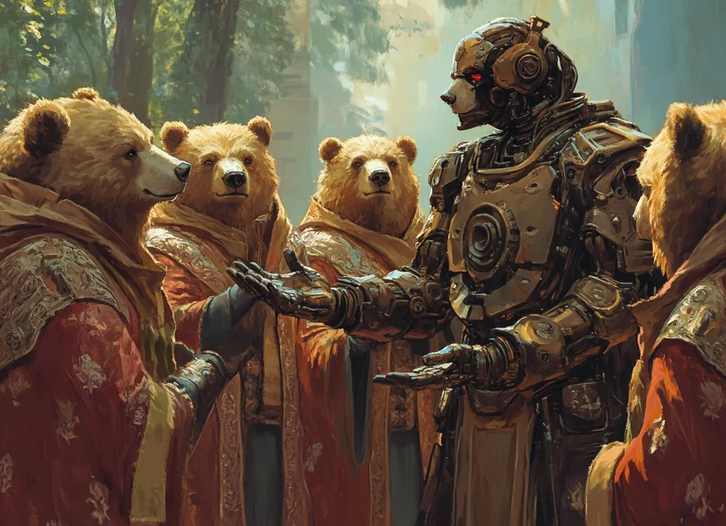 A large, mechanical bear with a humanoid face, dressed in metallic armor and adorned with ornate details, stands before three brown bears dressed in robes. The mechanical bear's red eyes are visible, and its arms are outstretched. The bears, in a line, look at the mechanical bear with inquisitive expressions. The background shows a lush green forest and an out-of-focus, golden, ornate building. The scene is full of mystery and intrigue, implying an encounter of different species and cultures.
