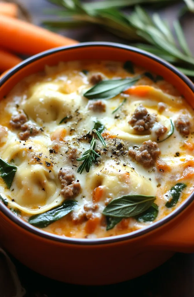 A bowl of creamy, cheesy soup with ravioli, spinach, ground meat, and carrots. The soup is topped with fresh herbs, and there are carrots out of focus in the background. The bowl is orange, and the soup appears to be homemade.  The photo is taken from a close-up perspective, with the soup filling the frame.  The lighting is warm and inviting.  The overall image suggests a comforting and flavorful dish.