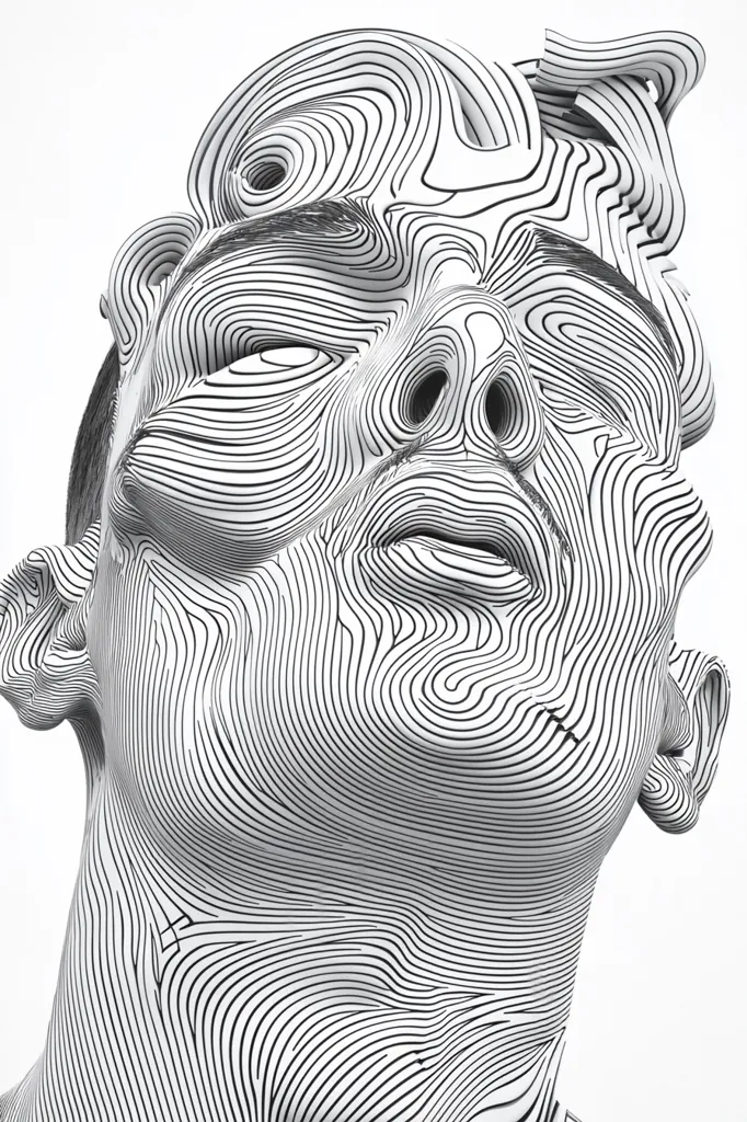 The image is a black and white line drawing of a person's face. The lines are curved and create a sense of depth and texture. The person's eyes are closed and their mouth is slightly open. The drawing is stylized and abstract. The artist has used lines to create a unique and interesting representation of a human face. The image is simple but effective in capturing the essence of a person's features. It is a powerful example of how lines can be used to create art.