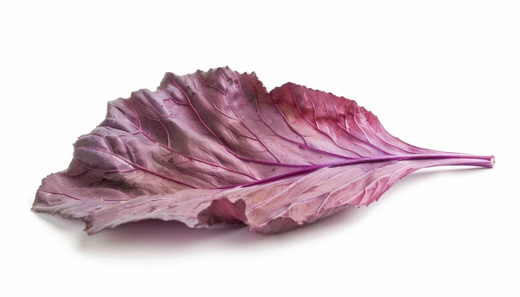 A single, large, vibrant purple leaf is isolated on a white background. The leaf is delicate and has a slightly crinkled texture. The veins of the leaf are visible and add to its intricate beauty. The leaf is a vibrant shade of purple and has a slight sheen. The image is well-lit and the focus is sharp, highlighting the details of the leaf.  The image captures the beauty of this simple, yet stunning, piece of nature.