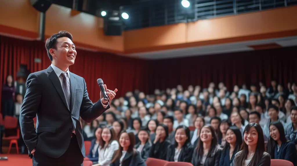 A man in a suit is speaking to a large audience in a lecture hall. He holds a microphone in one hand and gestures with the other. The audience is attentive and engaged, listening intently to the speaker. The room is brightly lit and filled with rows of seats, creating a sense of formality and anticipation.