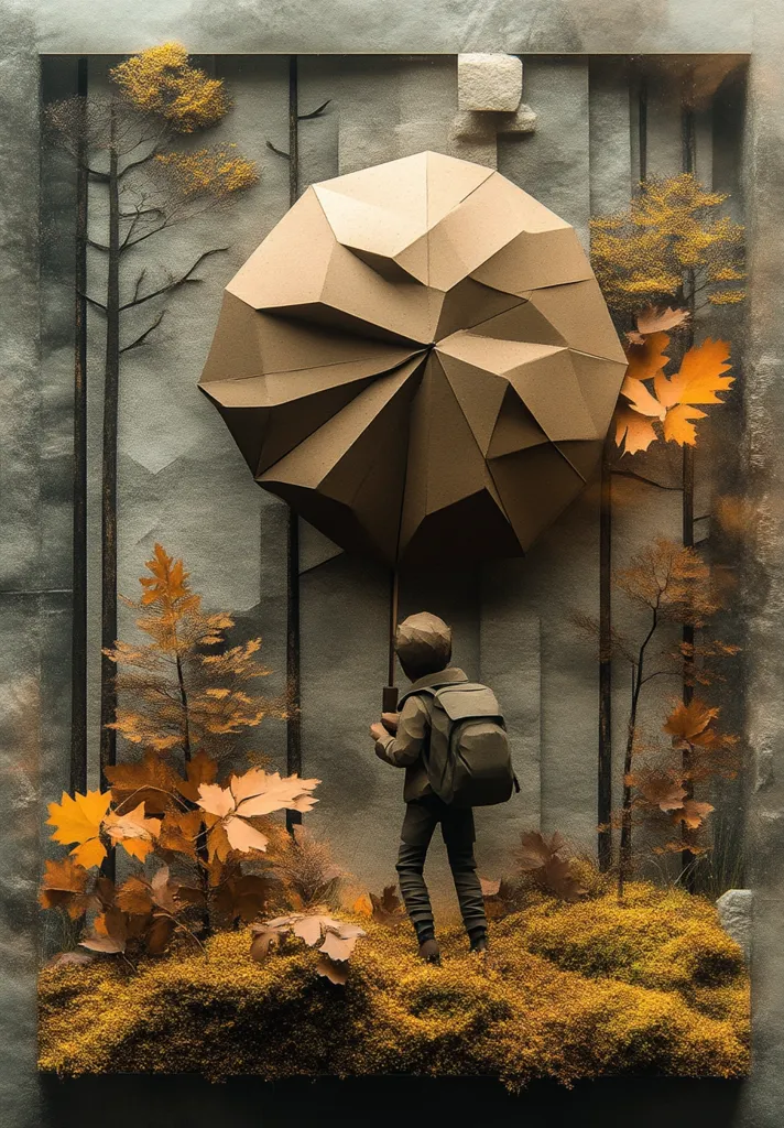 A papercraft scene depicting a lone figure with a backpack, standing beneath a large, geometric umbrella, in a forest setting. The trees, leaves and ground are all crafted from paper, creating a whimsical and textured environment. The figure's position and the umbrella's size create a sense of isolation and introspection. The image's muted tones and intricate details add to its artistic appeal.