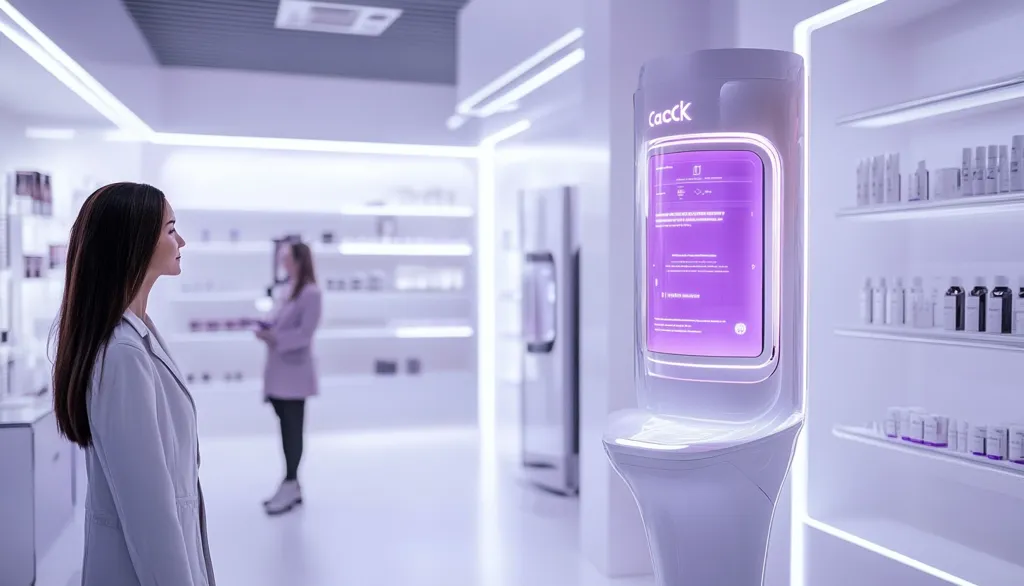 A woman stands in a futuristic store, looking at a tall white kiosk with a glowing purple screen that displays the word "CaCck". The store is minimalist with white walls and shelves filled with various products. The woman's long dark hair and light blue blazer create a contrast against the sterile white surroundings.  The scene has a sterile and futuristic feel, suggesting a technologically advanced retail experience.
