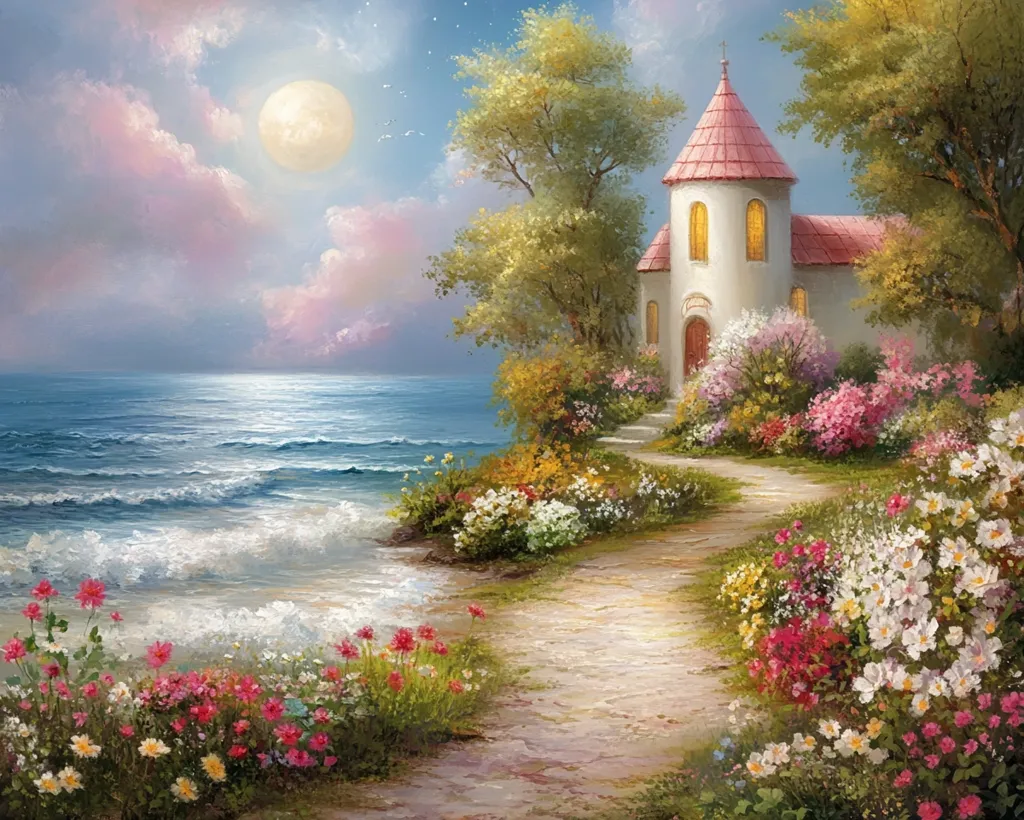 A quaint, white cottage with a pink roof stands on a cliff overlooking a calm, blue sea.  The sun, a bright orb, illuminates the scene, casting a warm glow on the colorful flowers that bloom along a winding path leading to the cottage.  The sky is filled with soft, pastel clouds, creating a serene and idyllic atmosphere.  The painting captures a moment of peace and beauty, inviting viewers to imagine a world where dreams and tranquility are always present.