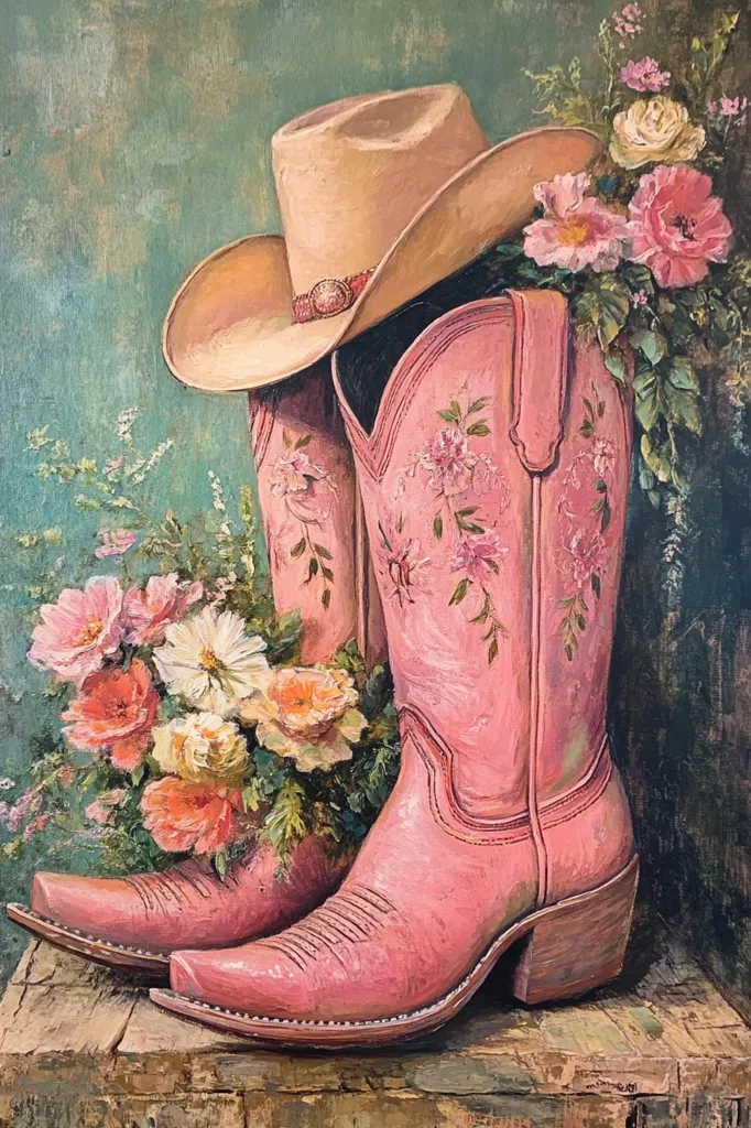 A pair of pink cowboy boots with floral embroidery are adorned with a straw cowboy hat and a bouquet of pink and white flowers. The boots are worn and have a rustic charm, while the flowers add a touch of elegance and vibrancy. The painting is set against a backdrop of a faded green, creating a sense of nostalgia.