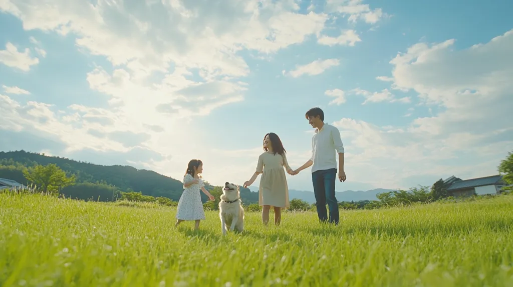 A family of three, a father, mother, and daughter, is walking across a grassy field. They are all smiling and looking at each other. There is a white dog with them that is looking up. The sky is bright blue with white clouds and the sun is shining. There are hills in the background.  They appear to be enjoying their time together outdoors.