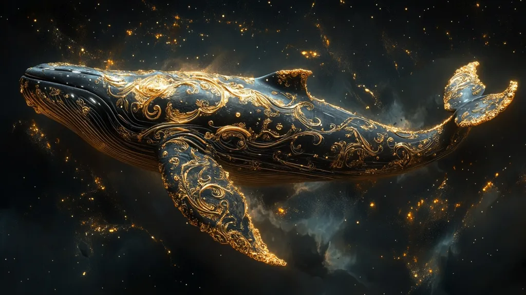 A whale, adorned in intricate, golden filigree, swims through a dark, starry sky. The whale's body is a rich black, creating a stark contrast with the glittering gold. The background features a swirling nebula, adding to the ethereal and otherworldly atmosphere of the image. The whale's silhouette against the starry backdrop evokes a sense of wonder and mystery.