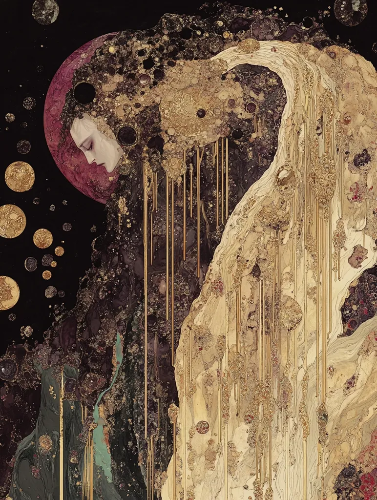 The image is a surreal and abstract artwork with a focus on a female figure. Her face is visible, but the rest of her body is obscured by a textured and colorful background. The background features a mixture of gold, black, and other colors, resembling a cosmic landscape or a swirling galaxy. There are hints of other celestial bodies in the background, as well as drips of gold paint that create a sense of movement and energy. The artwork has a mystical and dreamlike quality, leaving the viewer to interpret its meaning.
