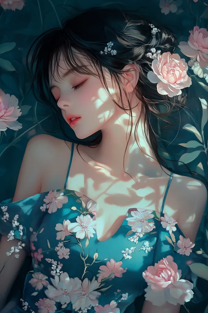 A young woman with long black hair, adorned with delicate white flowers, lies peacefully amidst a bed of lush green foliage. She wears a vibrant teal dress with intricate pink floral patterns, her closed eyes and soft expression suggesting a state of tranquility. The image evokes a sense of serenity and beauty, with dappled sunlight casting shadows over the scene.