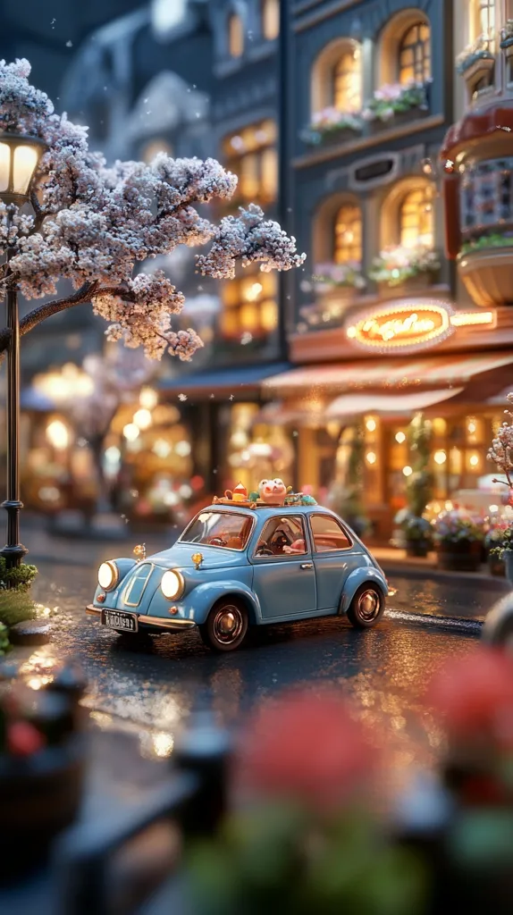A blue vintage car with a luggage rack full of stuffed animals drives down a wet cobblestone street in front of a brightly lit European building. The street is lined with cherry blossom trees and streetlights illuminate the scene. The building is a mix of brick and stucco with large windows that are glowing with warm light. The image is framed by a blurry foreground of flowers and greenery, creating a sense of depth and perspective. The overall atmosphere is peaceful and charming.