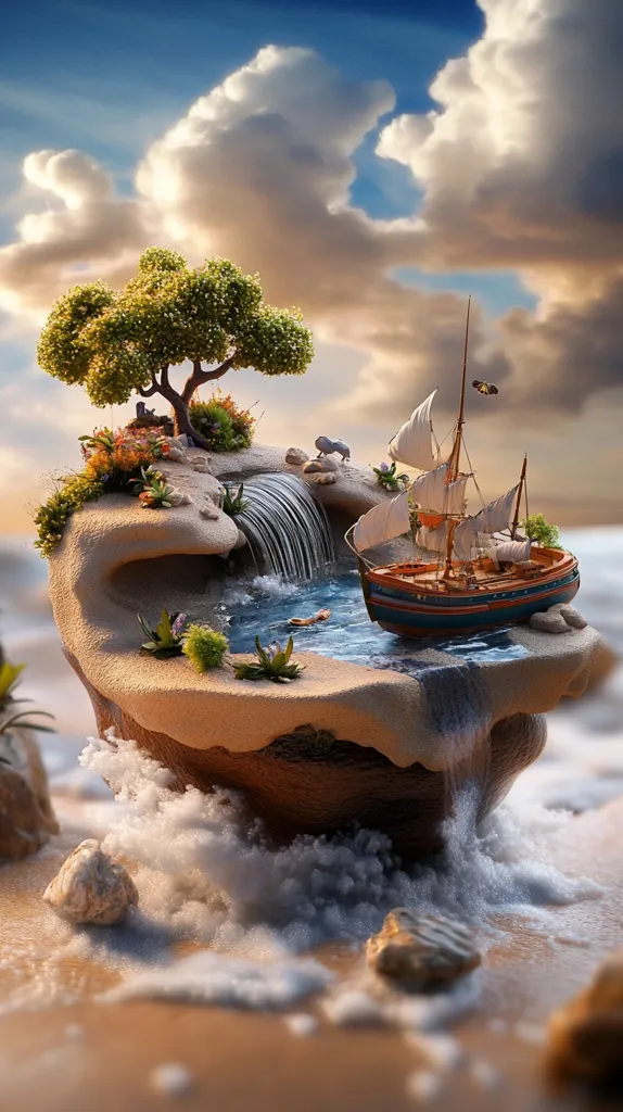 A small, rocky island floats in the ocean, partially submerged in foamy waves. A small tree grows from the island, beside a waterfall that flows into a pool of water. A miniature sailing ship is docked in the pool, surrounded by lush vegetation. The sky above is a canvas of white clouds, illuminated by the warm glow of the setting sun. The image evokes a sense of tranquility and wonder.