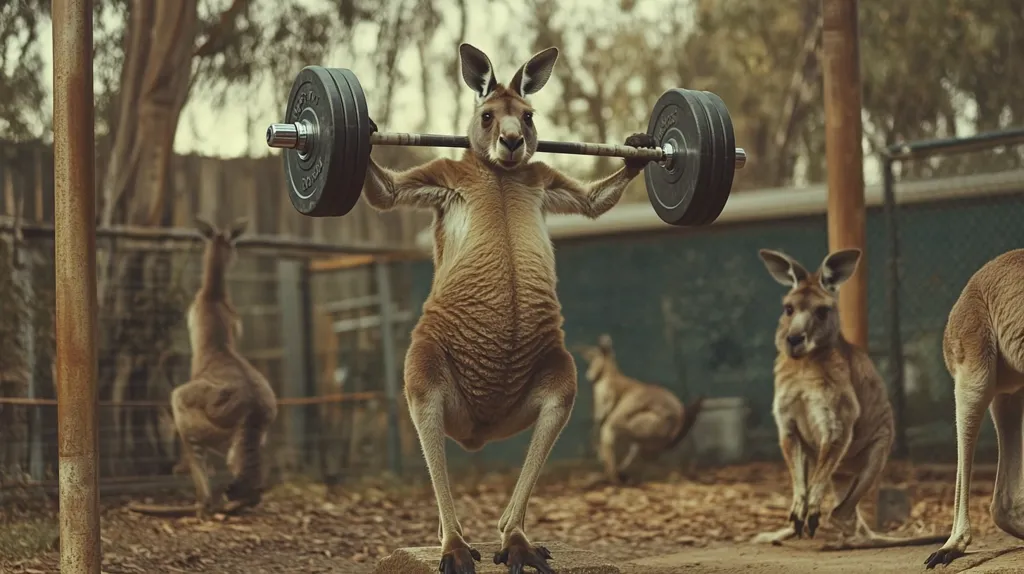 A kangaroo is lifting weights in a zoo enclosure. It is holding a barbell with two heavy weight plates on each end. Two other kangaroos are watching in the background. The kangaroo is lifting the weights with its arms, which are extended above its head. The kangaroo is looking intensely focused.