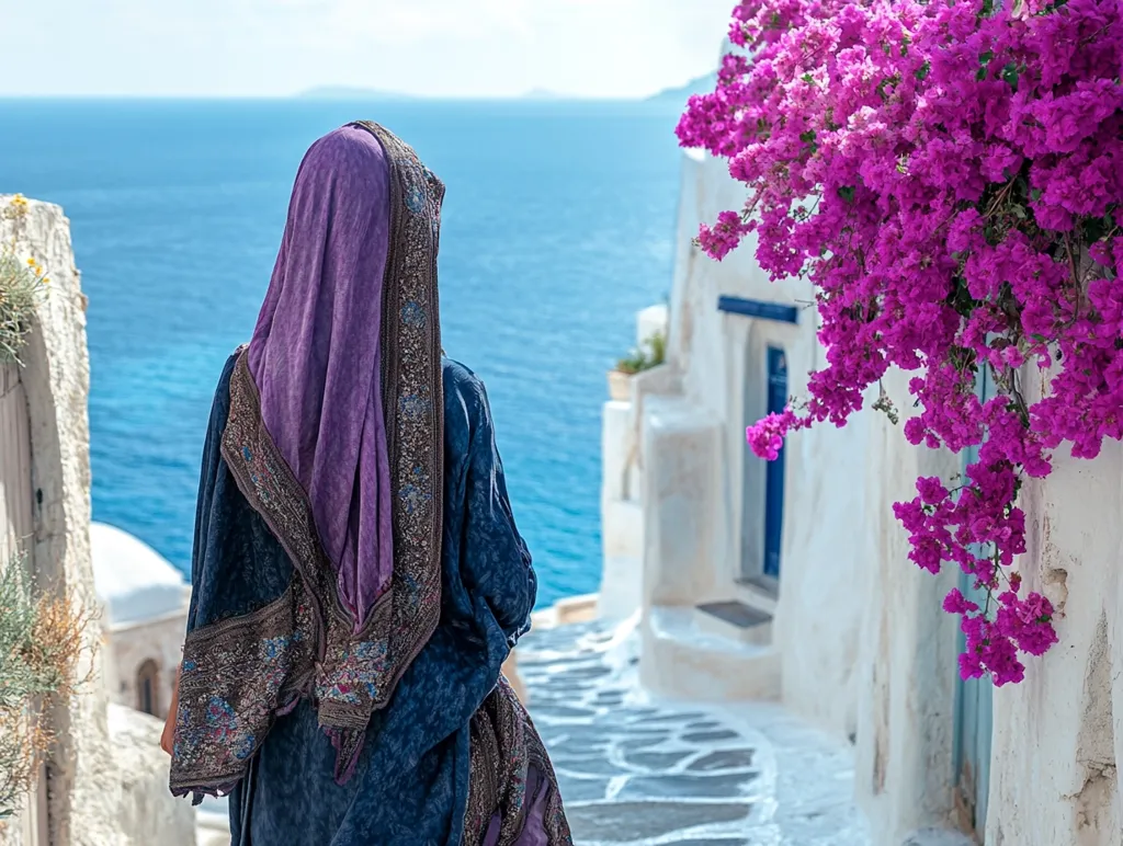 A woman wearing a purple and brown shawl stands on a cobblestone street in a white-washed village overlooking the Aegean Sea. Vibrant pink bougainvillea blossoms cascade down the wall behind her. The scene evokes a sense of tranquility and beauty, capturing the essence of a Greek island paradise.
