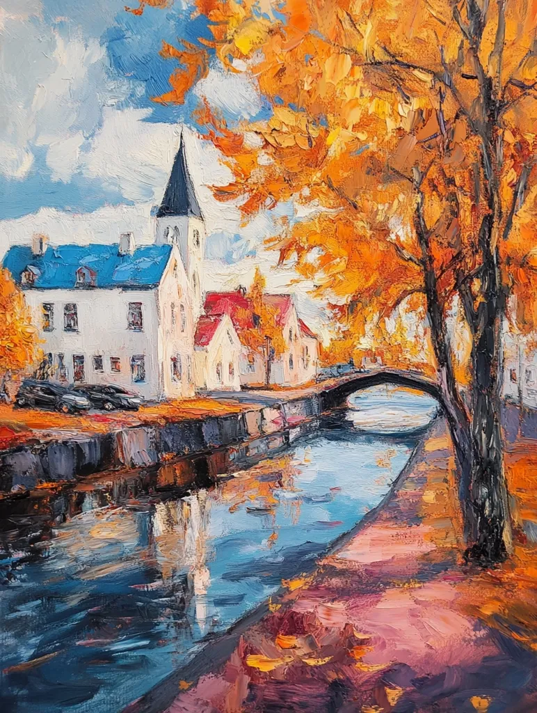A picturesque canal winds through a charming town, its waters reflecting the vibrant hues of the autumn foliage. A towering church with a pointed steeple stands proudly amidst colorful houses, casting long shadows across the scene. The warm colors of the leaves create a sense of warmth and tranquility, making this a beautiful depiction of a serene autumn day.