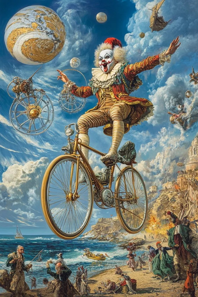A clown, dressed in a colorful, ornate costume, rides a bicycle through a fantastical sky. The bike is suspended above a coastline with a blue sea and sandy beach where people gather. The sky is filled with clouds, a large golden sphere, and other flying objects, creating a surreal atmosphere. The clown's expression is wide-eyed and slightly manic, adding to the whimsical and dreamlike quality of the artwork.