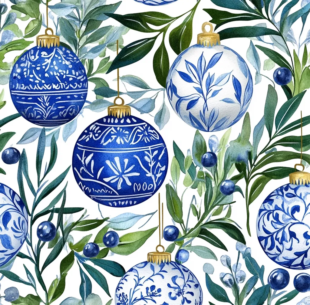 The image is a watercolor painting of blue and white Christmas ornaments with intricate patterns hanging from green branches. The background is white with a few blue berries scattered around. The ornaments are painted in a traditional Chinese blue and white style. The overall effect is delicate and elegant.